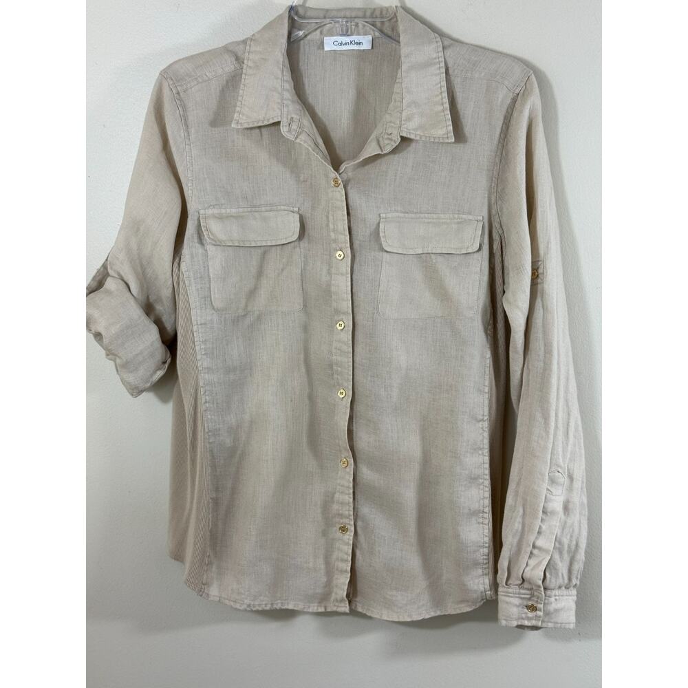 Calvin Klein 100% Linen Button Front Blouse Women Size L Beige Quiet Luxury